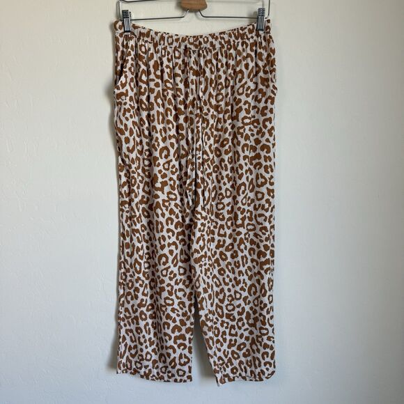 Van Winkle & Co Boho Brown Leopard Satin Wide Leg Pajama Set Large Animal Print - Picture 8 of 12